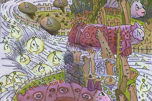 Champs d'abattoir, 2017, crayon-feutre,  crayon de bois et encre sur papier, 48 X 39.5 cm
Collection Vincent et moi, CIUSSS de la Capitale-Nationale