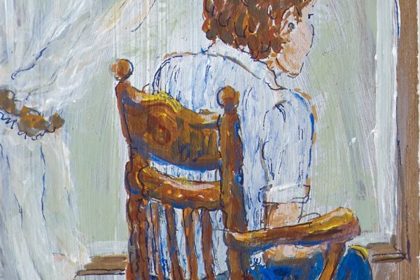 Marie-Paule à la fenêtre, 2018, acrylique et encre sur carton, 35 X 34 cm
Collection Vincent et moi, CIUSSS de la Capitale-Nationale