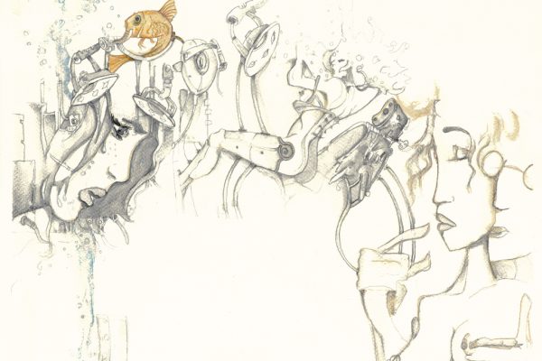 Personne d’intérêt, 2018, crayon aquarelle et encre sur papier, 56 X 64 cm
Collection Vincent et moi, CIUSSS de la Capitale-Nationale
