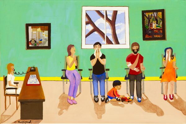 Salle d’attente, 2018, acrylique et crayon aquarelle sur toile, 56 X 81 cm
Collection Vincent et moi, CIUSSS de la Capitale-Nationale
